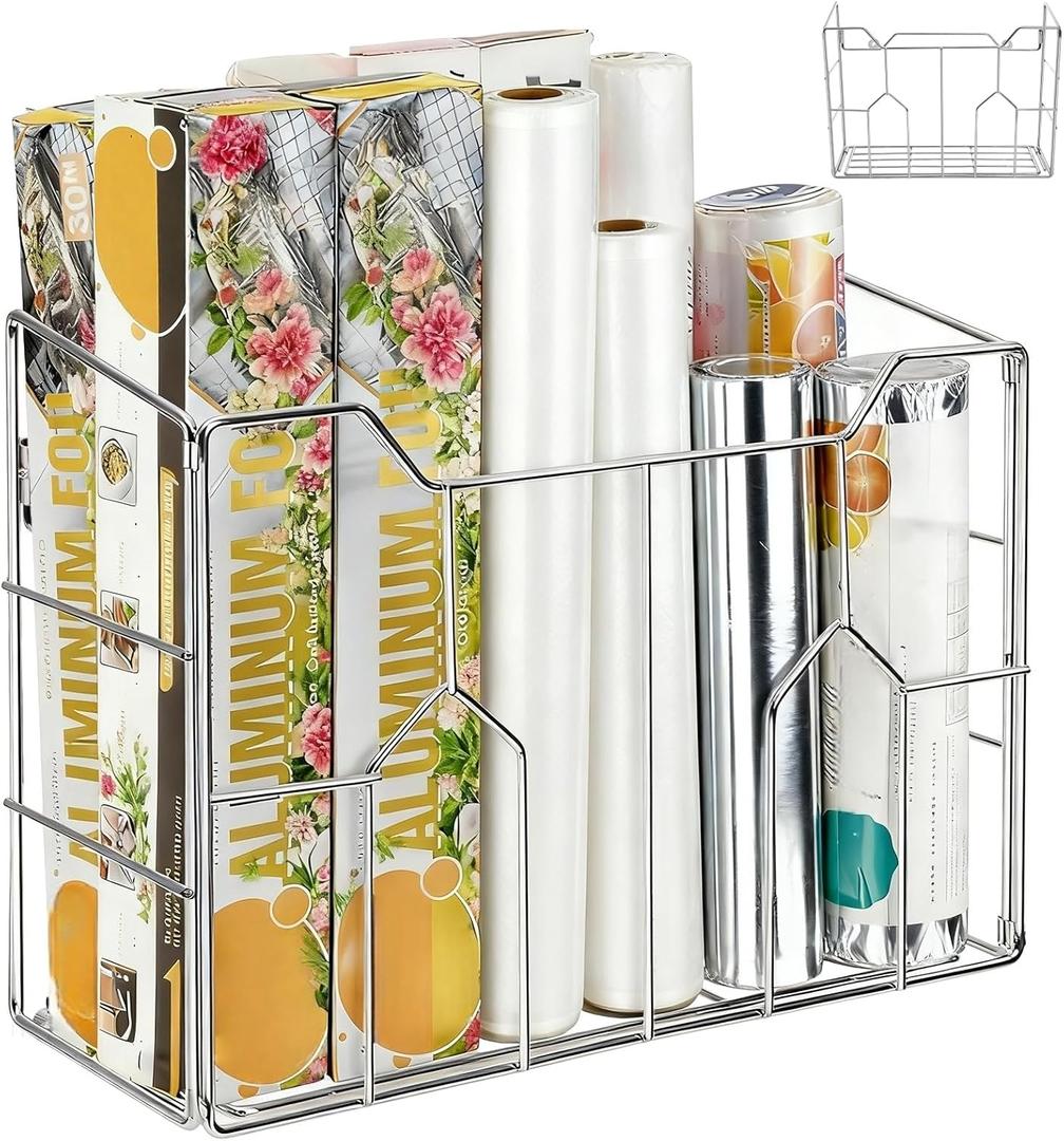 Kitchen Wrap Organizer Rack Wall Mount, Cabinet Door Organizer Storage, Wall Rack Basket Sturdy Steel Wire, Tall Inside Cabinet Holder for Aluminum Foil Plastic Wrap Wax Paper, Easy to Install