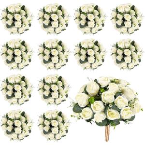 12 Bundles Eucalyptus Leaves Rose Artificial Flowers Sage Green Boho Faux Fake Roses Bouquet with Ribbon for Wedding Table Centerpiece Floral Vase Home Office Bridal Decor