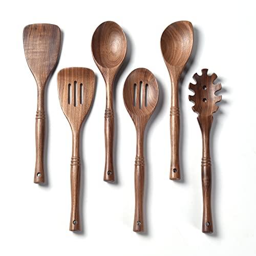 Gudamaye 12 inch Black Walnut Wooden Utensils - 5 Pcs Crafting Spoon Set for Cooking