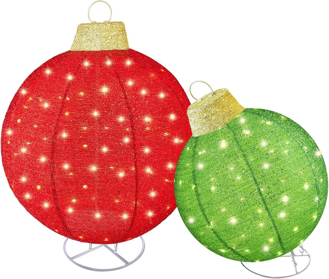 HOYECHI 2pc Lighted Pop-Up Outdoor Christmas Ornament Set – Holiday Ball Decorations with 200 LED Lights, 8 Lighting Modes, for Yard & Outdoor Christmas Decor - Red/ Green