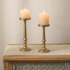 Set of 2 Gold Antique Brass Candlestick Holder Vintage Cast Iron Tall Candle Stand for 3 Inch Pillars Heavy Metal Candle Stand for Party Table Decor