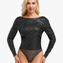 Women's Long Sleeve Round Neck Sequin Jumpsuit with Draped Cowl Back Bodysuit Detail for Date Night L
