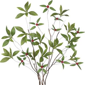 CISDUEO 3 Pcs Artificial Greenery Stems Branches for Vases Faux Branches with Leaves and Mini Red Berries 33" Fake Ficus Twigs for Office Wedding Shop Tall Vase Fillers Table Centerpieces Decoration