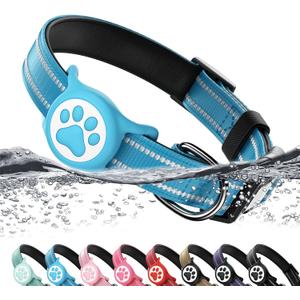 Airtag Dog Collar, Reflective Ultra-Durable Nylon Padded with QR Code Buckle & IP68 Waterproof Air Tag Holder Compatible for Apple AirTag, Comfortable for Small Medium Large Dogs(Blue, S)