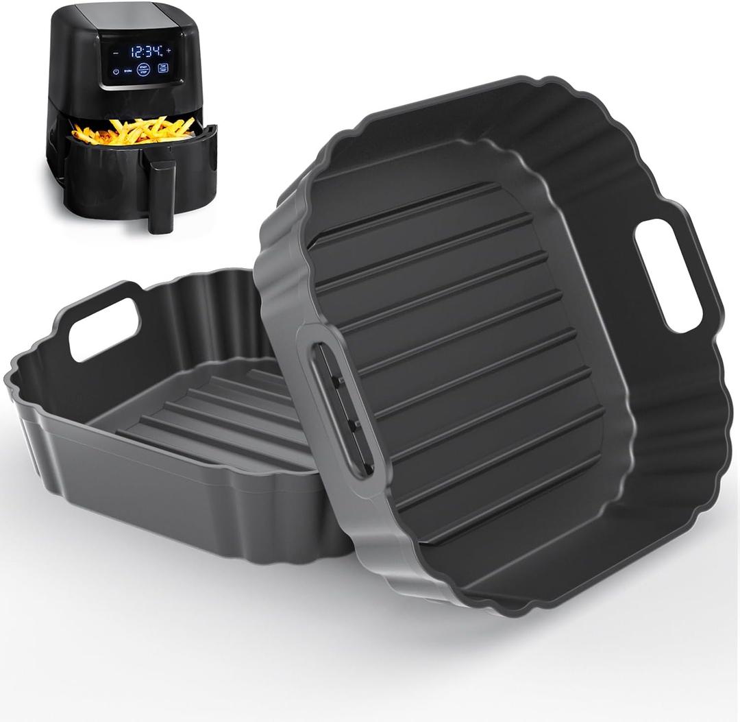 6.2-Inch Small Mini Square Silicone Air Fryer Liners 2 Pack for Chefman Mini, DASH, COSORI, COMFEE, Instant, DEIME for 2qt 2.1qt 2.6qt 3qt Reusable Basket Trays, Airfryer Accessories (Black)
