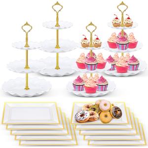 Willinglong 14 Pcs Dessert Table Stands Set 3 Tier Plastic Cupcake Stands Cookie Display Tower Gold Rim Dessert Serving Tray for Party Wedding Birthday Bridal Baby Shower (White and Gold)
