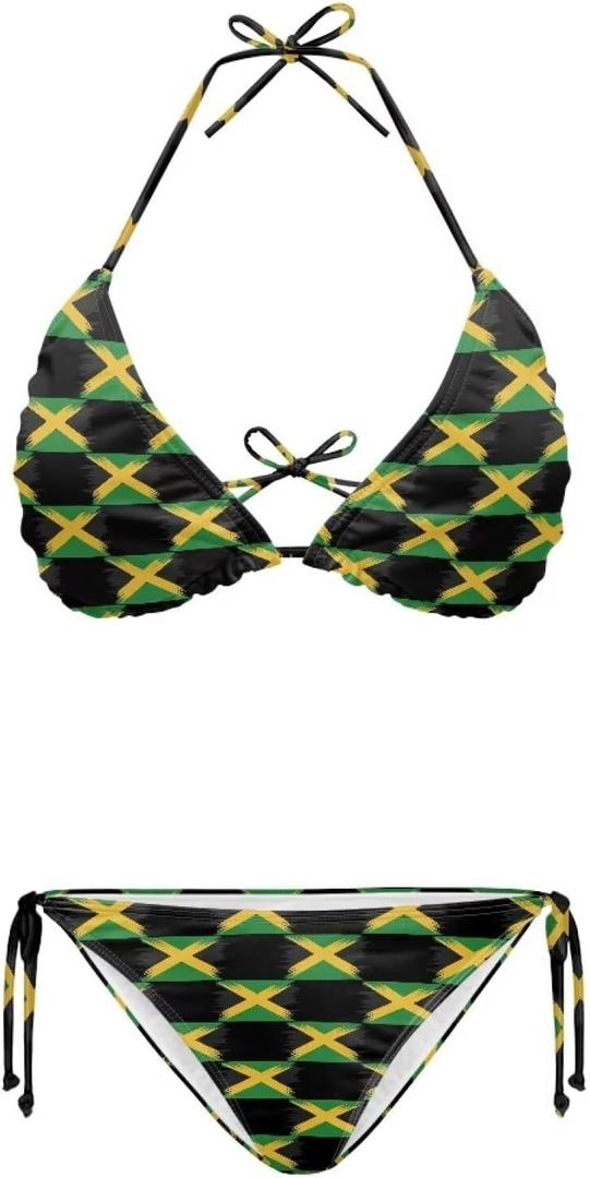 Yewattles Women Two Piece Bikini Set Printed Sexy Swimwear Halter String Triangle Swimsuits Soft Bathing Suits (Jamaica Flags, XL)