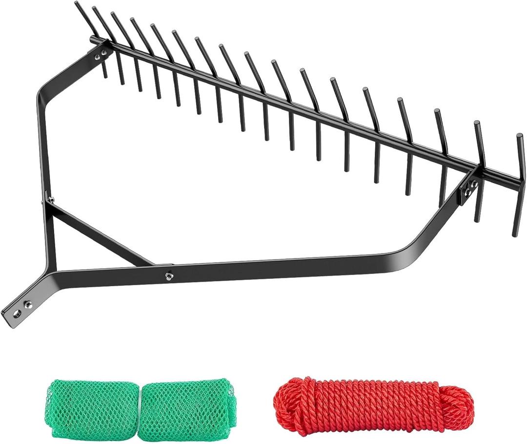 32" Aquatic Weed Rake, 6.3" Steel Rod Lake Weed Cutter, Double Sided Pond Weed Clearing Tool, Muck Silt Weed Rakes for Pond, Lake, Rivulet, 30ft Thicker Rope and The Net