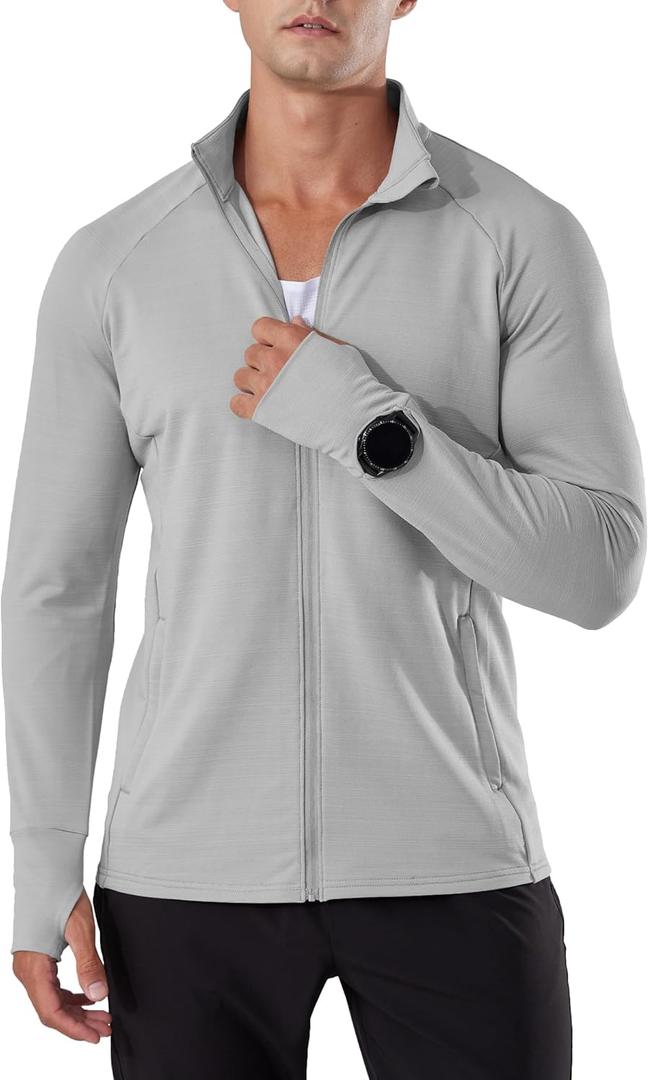 Locachy Men's Lightweight Quick Dry Athletic Jacket Full Zip Stand Collar Running Workout Performance Shirt, M