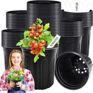 60 Pcs 1 Gallon Flexible Plant Nursery Pots, Plastic Thickened Soft Seedling Pot with Plant Labels, Flower Seed Starting Containers for Succulents, Transplanting, Indoor Outdoor, Black