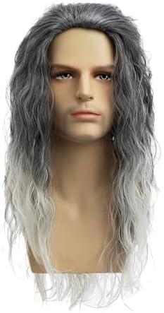 Baruisi Long Curly Wavy Grey Wigs for Men Synthetic Natural Party Halloween Cosplay Hair Wig