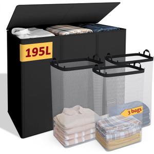 195L Laundry Hamper 3 Section,Large Laundry Hamper with Lid,Dirty Clothes Hamper with 3 Inner Bags,Collapsible Laundry Basket Organizer for Laundry Room,Bedroom,Laundry Sorter Hamper 3 Compartment (Black)