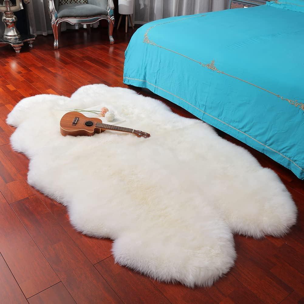 LLB Genuine Sheepskin Area Rug Wool Rug Fur Carpet Fluffy Shaggy Fur Rug for Living Room Kids Bedroom Real Sheepskin Throw Lambskin Rugs Sofa Mat Chair Seat Covers (Ivory White, 4 x 6 ft Sheepskin)