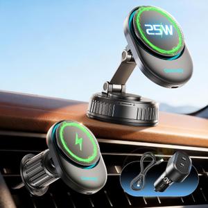 for 25W MagSafe Car Mount Charger with Cooling Fan, Magnetic Wireless Car Charger, Suction Cup & Vent Attachment Phone Holder, 25W Fast Charging Car Cooling Phone Mount for iPhone 17/16,S26 Ultra