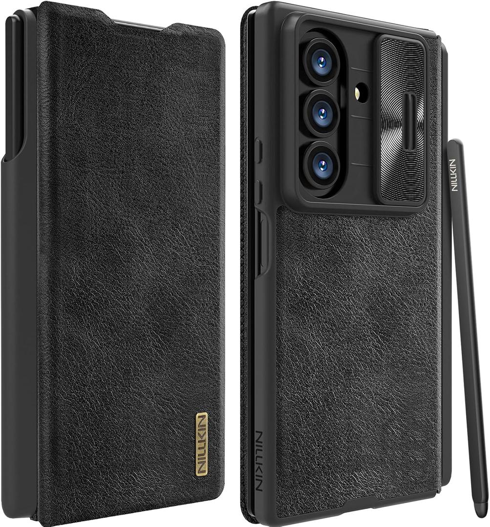 Nillkin for Samsung Galaxy Z Fold 7 Wallet Case with S Pen Holder & Stylus, [Slide Camera Cover][Hinge Protection] Premium Leather Shockproof Slim Cover Flip Phone Case for Galaxy Z Fold 7 Black