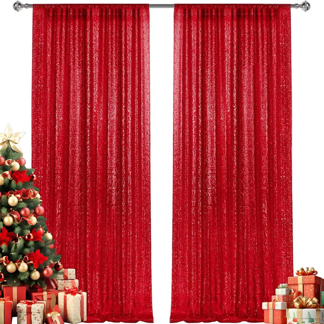 28FT-2PCS Red Sequin Backdrop Curtains Panels, Photography Backdrop Glitter Curtains Fabric Background for Christmas Wedding Party Decor
