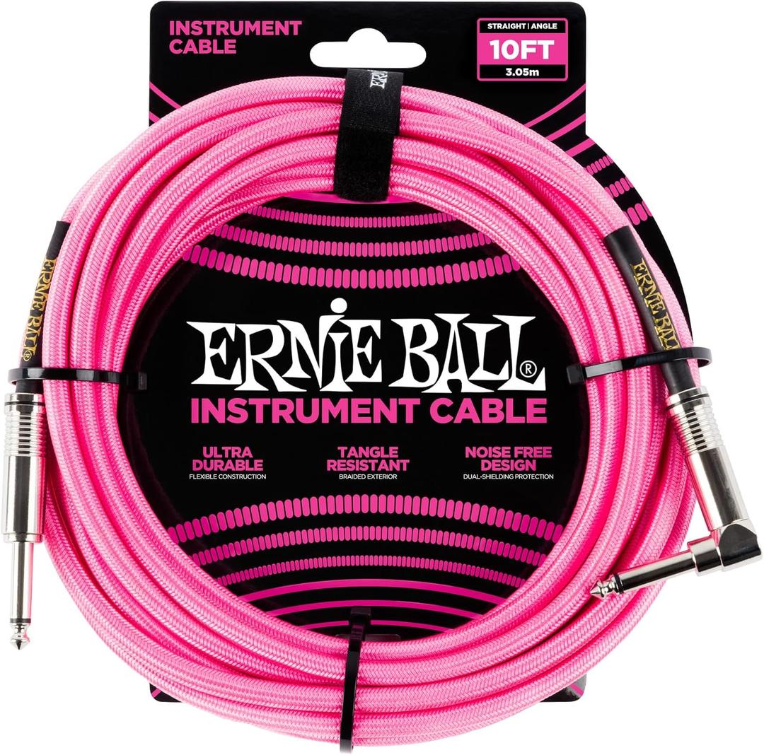Ernie Ball Braided Instrument Cable, Straight/Angle, 10ft, Neon Pink (P06078)