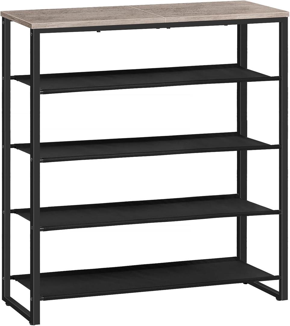 HOOBRO Shoe Rack, 5 Tier Shoe Storage Organizer with 4 Oxford Fabric Shelves and Top Panel, Holds 16-20 Pairs of Shoes, for Entryway and Closet, Industrial, Greige and Black BG50XJ01