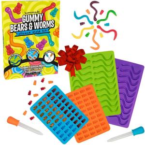 Gummy Bear & Worm Silicone Candy Molds (4pk) BPA-Free Nonstick Trays w 2 Droppers for Chocolate, Ice Cubes & More-Make up to 140 Candies for Holiday Parties-Fun Winter Activity, Gift, Stocking Stuffer