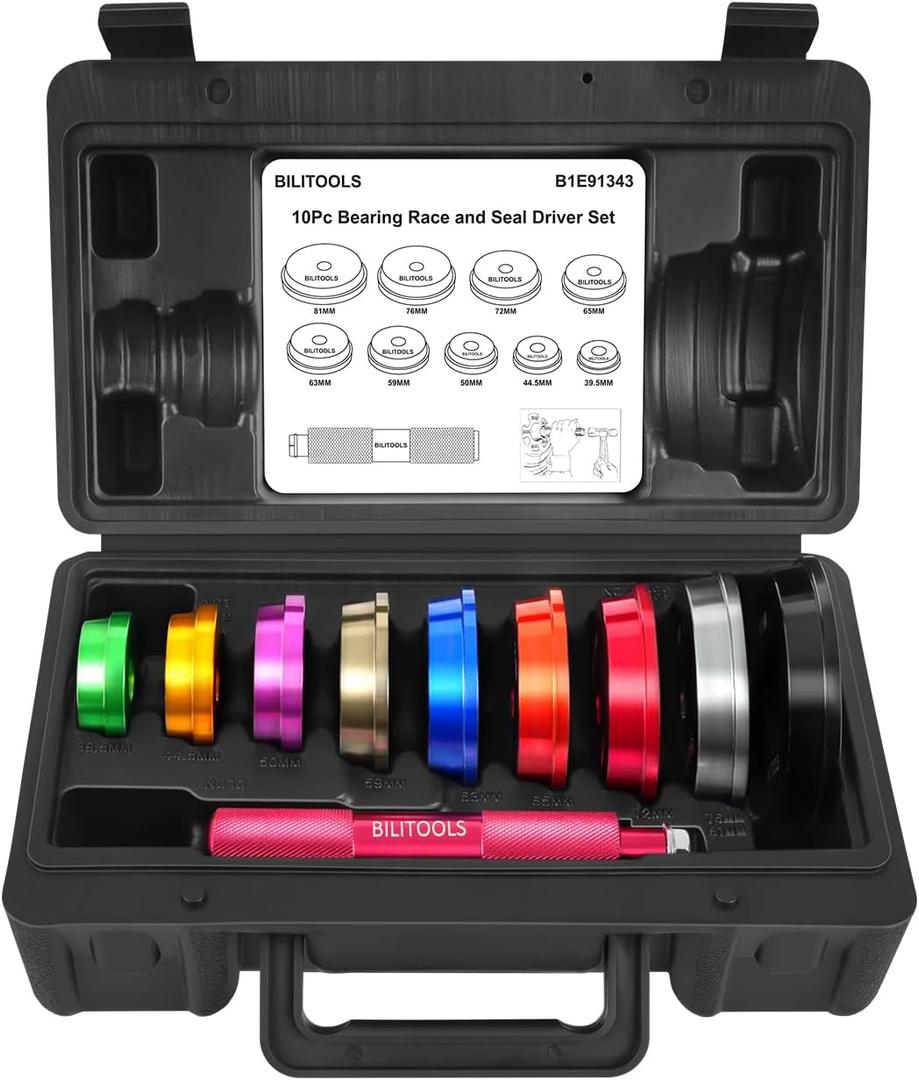 BILITOOLS Bearing Race and Seal Driver Set, 10 Piece Metric Bearing Press Kit with 1 Handle & 9 Adapters (39.5-81mm), Seal Installer Kit with Portable Storage Case