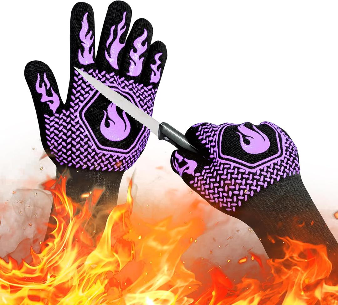 BBQ Fireproof Gloves, Grill Cut-Resistant Gloves 1472F Heat Resistant Gloves, Non-Slip Silicone Oven Gloves, Kitchen Safe Cooking Gloves for Oven Mitts,Barbecue,Cooking, Frying,13.5 Inch-Purple