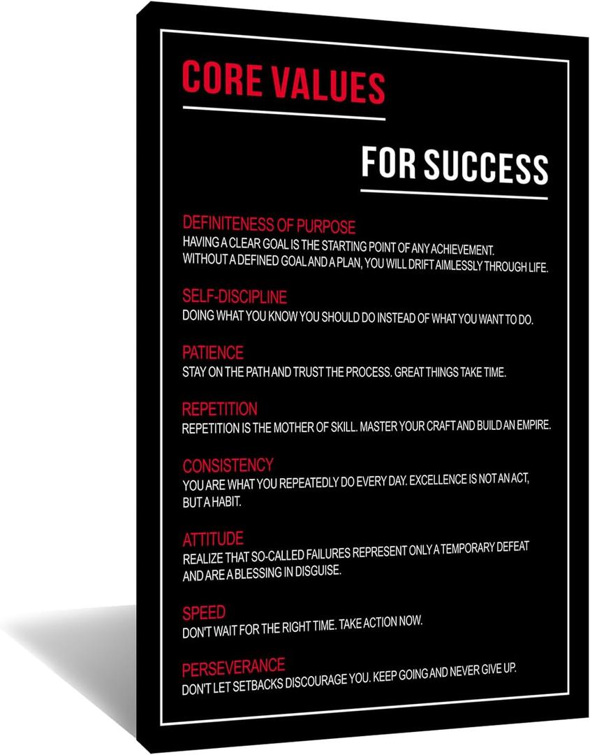 Inspirational Wall Art Core Values for Success Canvas Poster Motivational Positive Entrepreneur Quote Picture Print for Modern Living Room Office Wall Decoration Framed Artwork [24''Wx 36''H]