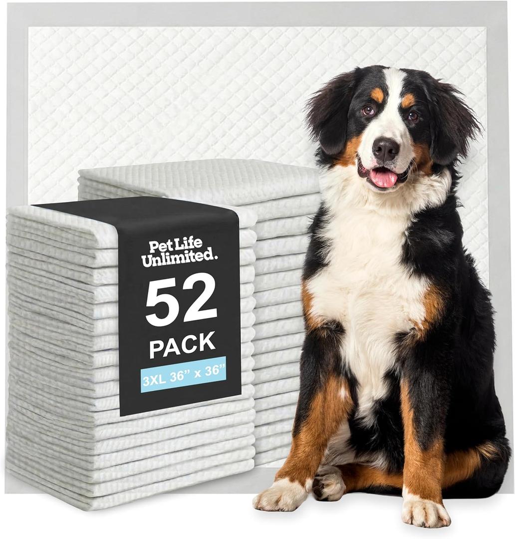 Pet Life Unlimited Heavy Duty 3XL Puppy Pads for Dogs, Potty Training Pee Pads, 52 Count, 36" x 36", Leak-Proof, Super Absorbent, Quick-Dry, Odor Control Clover Leaf Scent, Made in USA