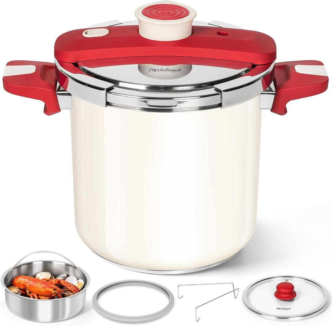 MICHELANGELO Stovetop Pressure Cooker Stainless Steel, 8.5 qt, 304 Stainless Steel, 6-Fold Safety System, One-Hand Easy-Open Lid, 2 Pressure Settings, Steamer Basket & Glass Lid, Induction Compatible