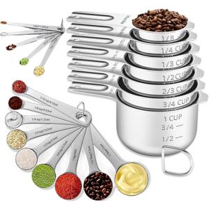 21PCS Measuring Cups and Spoons Set, Include 7 Nesting Measuring Cups, 9 Measuring Spoons and 5 Mini Spoons, Stainless Steel Metal Measuring Set, Kitchen Gadgets for Cooking & Baking (Silver)