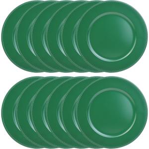 Set of 12 Green Charger Plates with Beaded. 13" Reusable Plastic Table Chargers for Dinner Plates