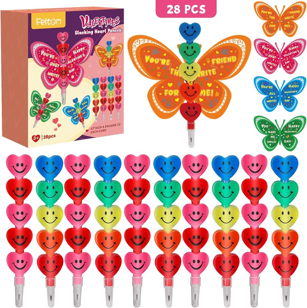 Feltom 28 Pack Valentines Day Gift Cards for Kids with Stacking Heart Pencils, Valentines Day Gifts for Kids Boys Girls, Valentine School Classroom Party Favor Exchange Prizes Toys Set Feltom 28 Pack Valentines Day Gift Cards for Kids with Stacking Heart Pencils, Valentines Day Gifts for Kids Boys Girls, Valentine School Classroom Party Favor Exchange Prizes Toys Set