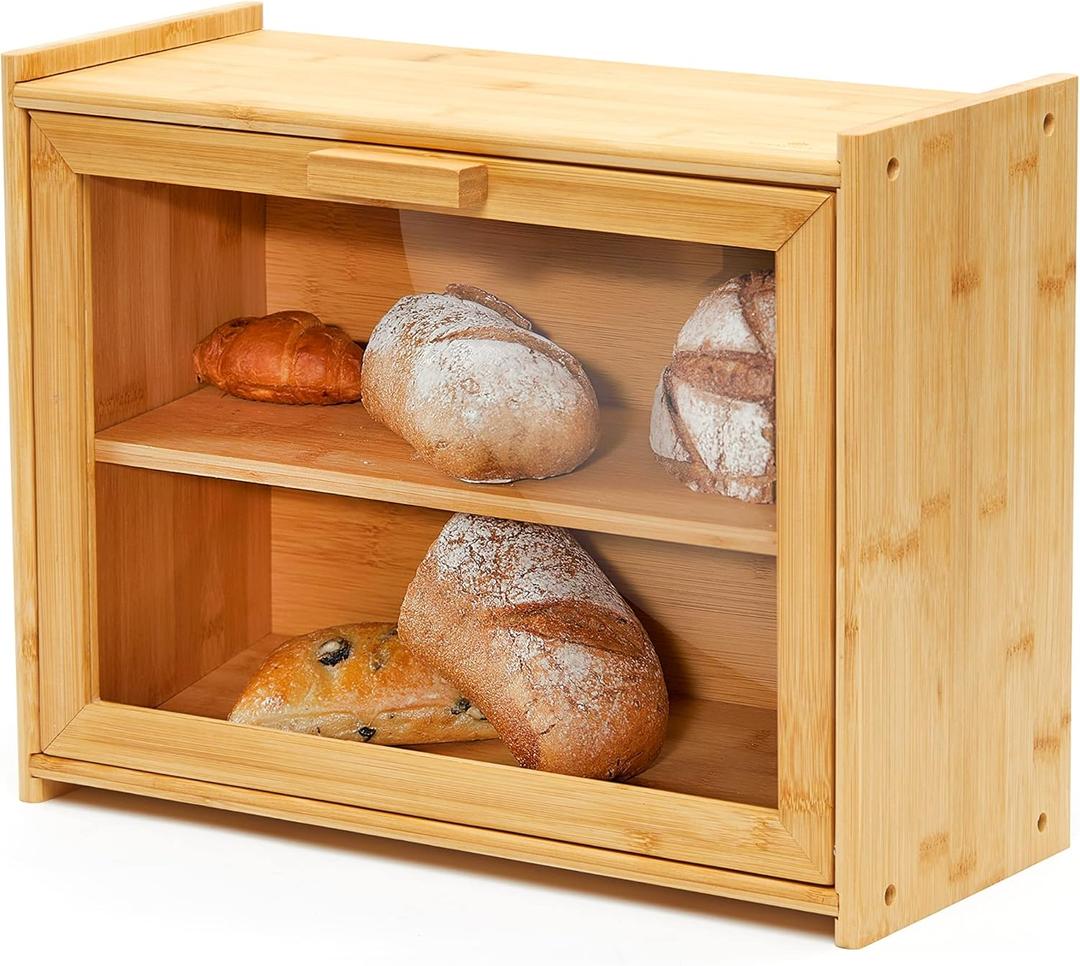 RoyalHouse Premium Bamboo Double Layer Bread Box With Clear Window, Bread Storage And Organizer for Kitchen Countertop, Bread Container, Assembly Required