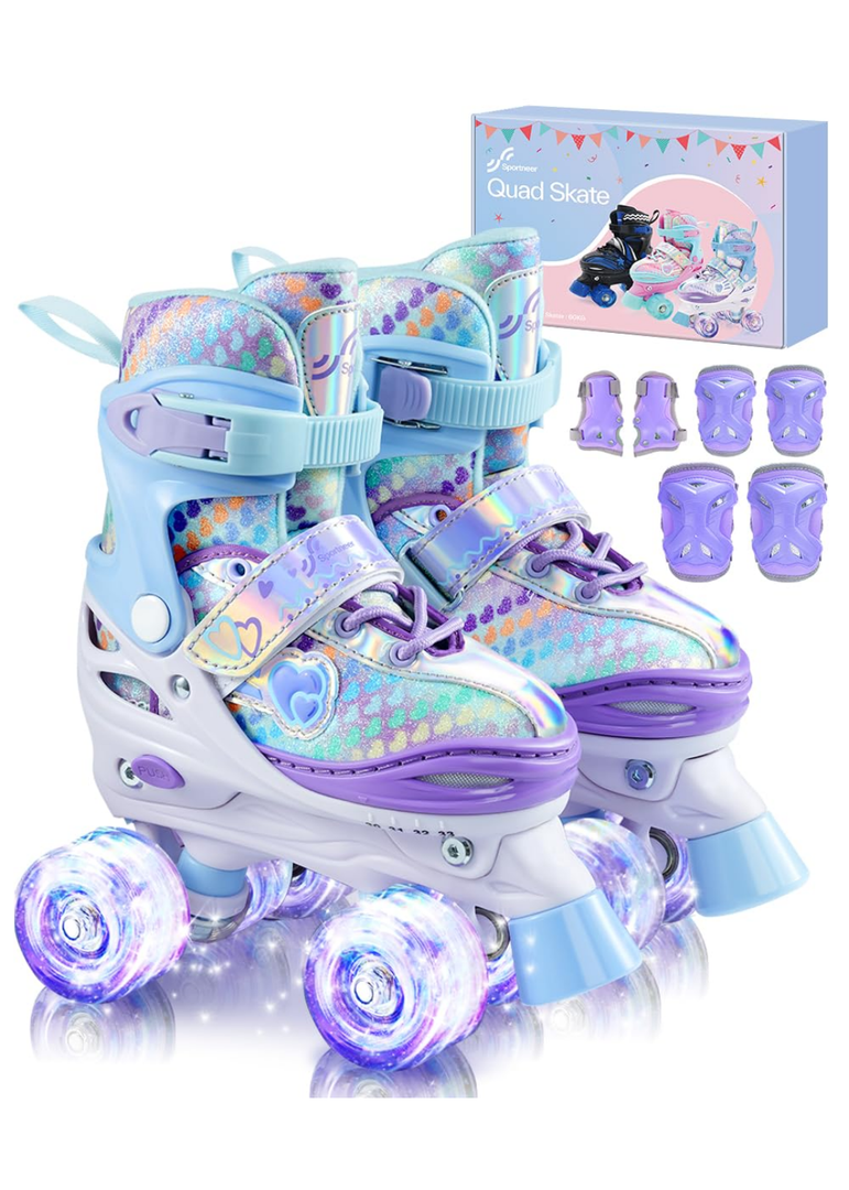 Sportneer Kids Roller Skates: 4 Size Adjustable Quad Skates with Light Up Wheels for 5-8 8-12 Girls Boys Kids Toddlers Beginners, Birthday Gift Kids Skates with Protective Gear Set for Outdoor Indoor XS