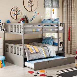 PVWIIK Twin Over Twin Rubber Wood Bunk Bed with Trundle for Kids,Boy,Girl Bedroom, Convertible into Twin Size Beds, Twin Size Bunk Bed with Ladder and Safety Guardrails,Grey