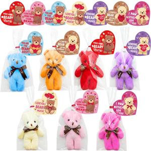 28 Pack Valentines Day Gifts Cards with Plush Bears Toys, Mini Stuffed Animals with Valentine's Greeting Cards for Kids Classrom School Exchange Prize Party Favors(Heart Cards)