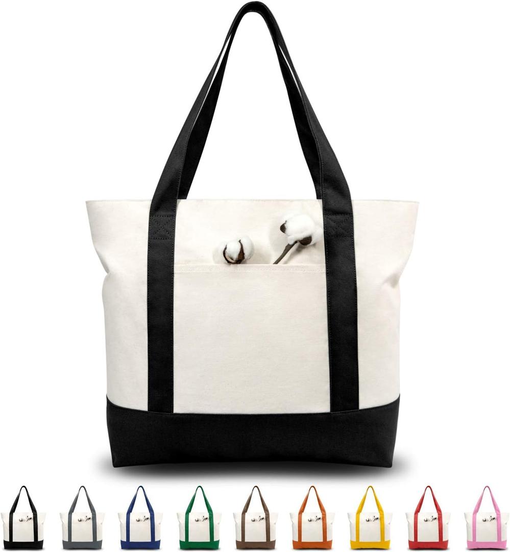 TOPDesign Canvas Tote Bag with an External Pocket, Reusable Grocery Shopping Bag, Top Zipper Closure, Daily Essentials (Black/Natural Pack of 1)