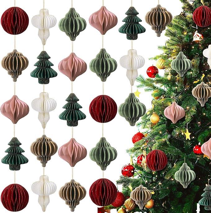 Janinka 24 Pcs Neutral Christmas Paper Honeycomb Ornaments 3D Mini Glitter Edge Honeycombs Lantern Reusable Vintage Christmas Hanging Neutral Ornaments for Modern Home Decor New Year (Dark Color)