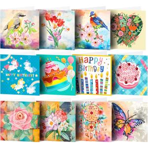 pigpigboss 12 Packs Butterfly Flower Birds Diamond Painting Greeting Cards Kit, Diamond Art Birthday Cards with Envelopes, Diamonds Dots Thank you Cards for Adult Beginner Holiday Blessing