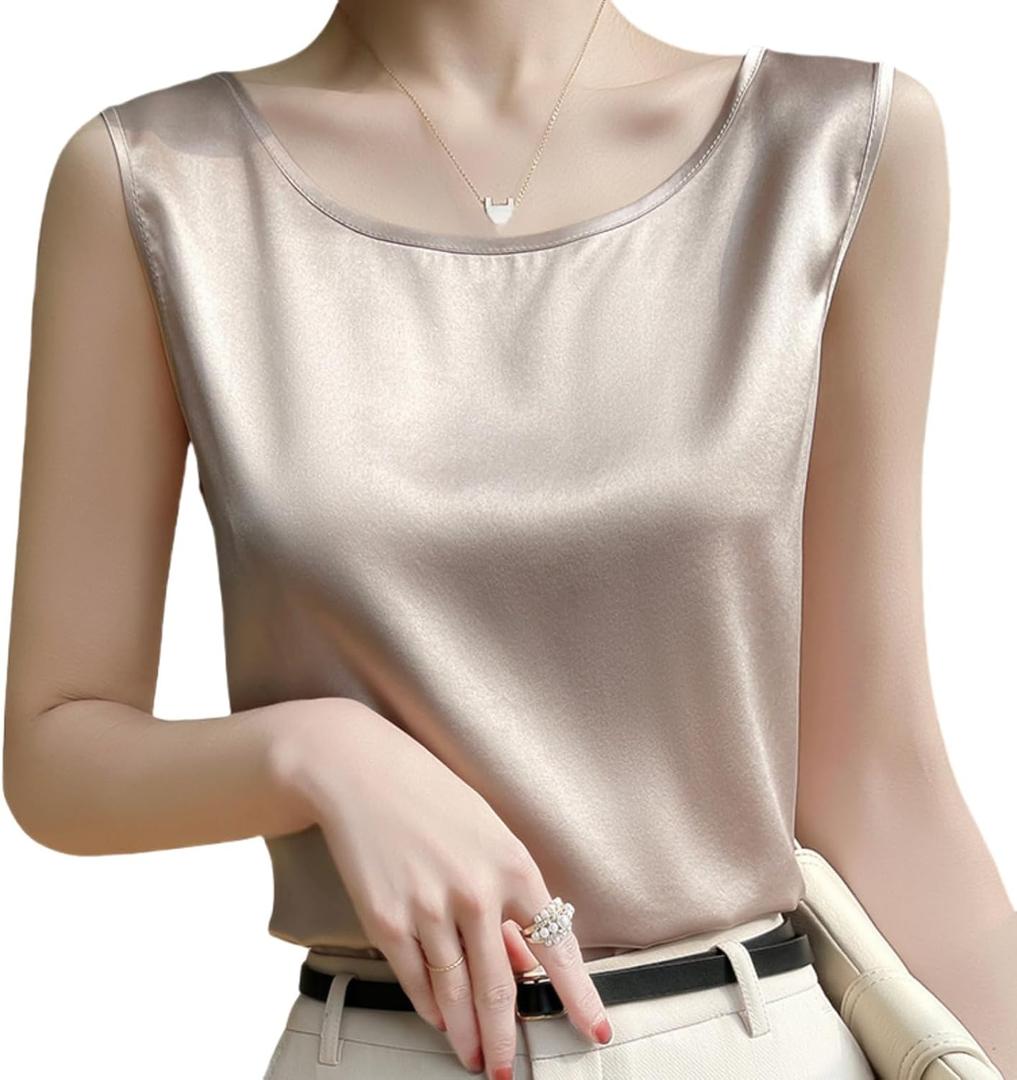 Silk Tank Tops for Women Basic Camisole Top Crew Neck Sleeveless Blouse Summer Cami Tank Casual Tank Shirt (Beige, S)