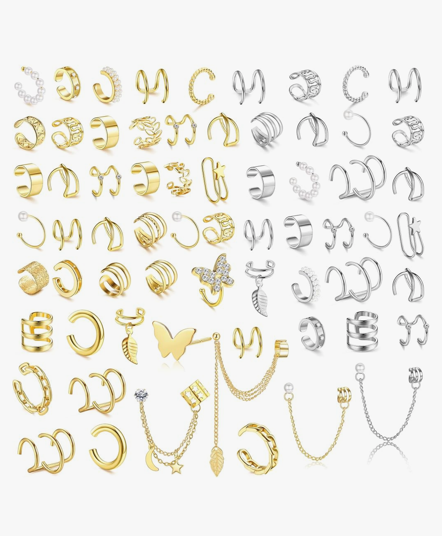 BESTEEL 66 Pcs Ear Cuff Earrings for Women Non Piercing,Hypoallergenic Silver plated Clip on Fake Earrings for Sensitive Ears,Ear Wrap Earrings for Helix Cartilage,Cz Star Butterfly Ear Cuffs Non Piercing