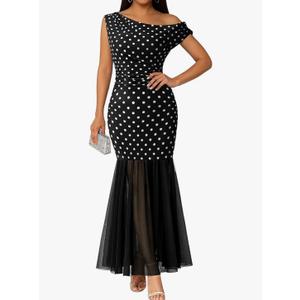Youtalia Women's Elegant Formal Long Dress One Shoulder Bodycon Dress Evening Cocktail Wedding Guest Maxi Dresses XL, 
Color: Black Polka Dots