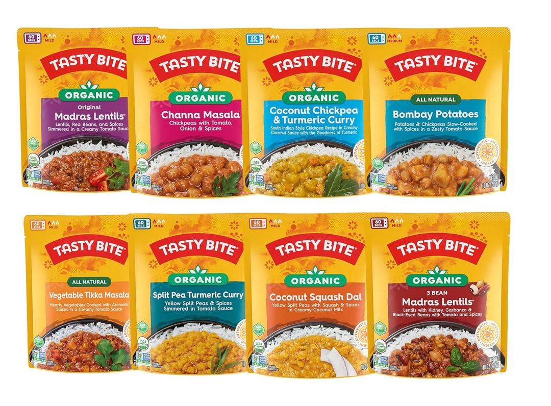 Tasty Bite Variety, Pack of 8, Madras Lentils, Bombay Potatoes, Vegetable Tikka Masala, Channa Masala, 3Bean Madras Lentils, Split Pea & Turmeric Curry, Coconut Squash Dal, Chickpea Coconut and Turmeric Curry BB Date May 31, 2026