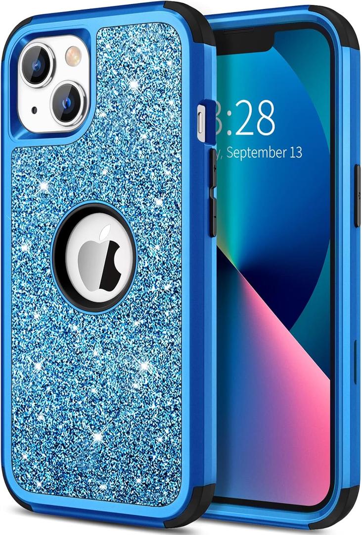 Hython Case for iPhone 13 Case Glitter, Cute Sparkly Shiny Bling Sparkle Cover, Heavy Duty 3 in 1 Hybrid Hard PC Soft TPU Bumper Full Body Shockproof Protective Phone Cases for Women Girls, Blue