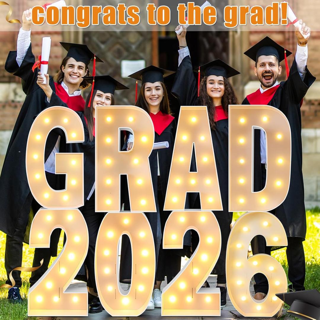 4 ft Graduation 2026 Marquee Decorations Light up Grad Prom Letter Numbers Sign Graduation Party Decorations Balloon Frame with Bracket for Class of 2026 Middle High School College (Grad 2026)