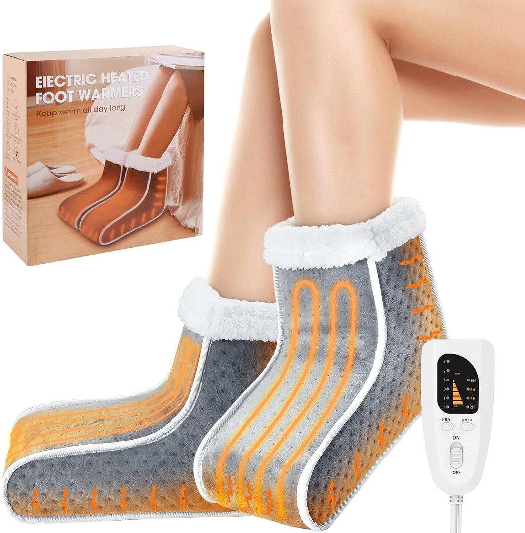 Split Electric Foot Warmer, Quick Heating Pad for Feet, 6-Level Heated Slippers for Men Women, Soft Heated Boots, Feet Warmer with Detachable Washable Liner for Home (12.2*5.9*8.61/Grey)
