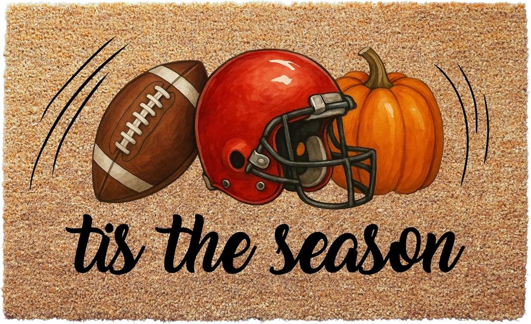 clicked craft Tis The Season Fall Football Welcome Mat - Game Day Doormat, Outdoor Coir Front Door Rug, Sports Fan Home Decor, Housewarming Gift