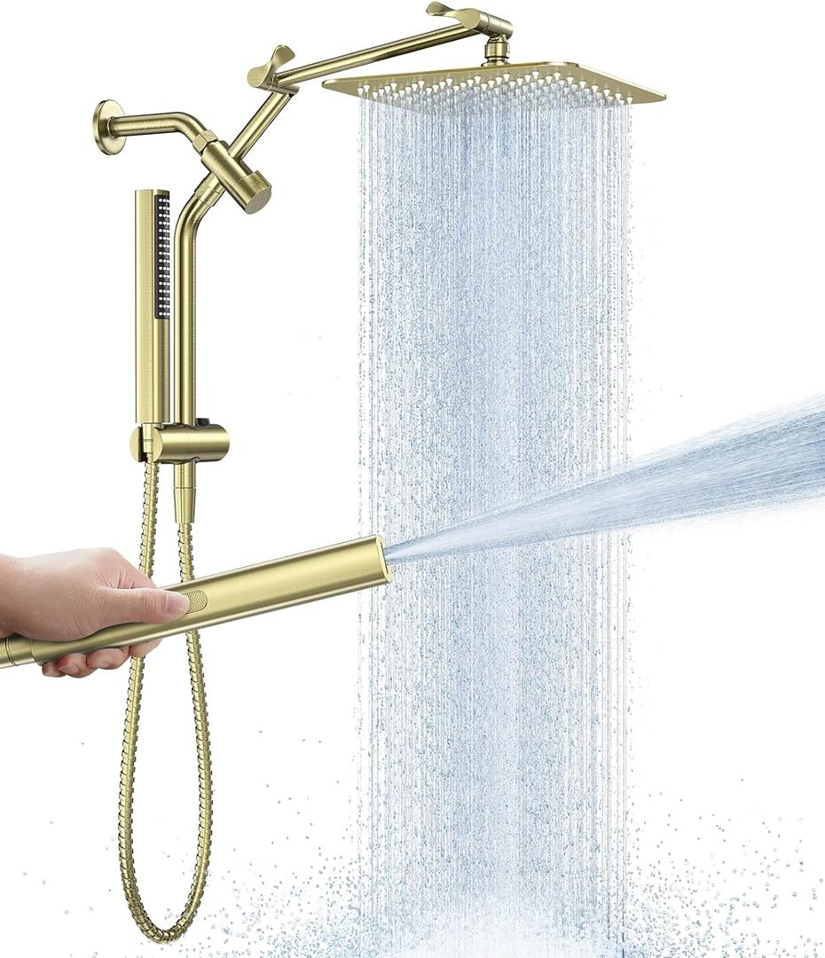Veken All Metal 10" Brushed Gold Shower Head with Handheld, Luxurious Square Double Rain Shower Heads with Spray Combo, Dual High Pressure Detachable Rainfall Showerhead with Extension Arm, Long Hose
