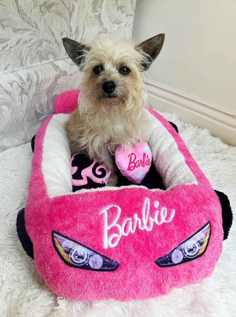 Megatoys Barbie Plush Car Pet Bed- Themed Plush Pink Pet Bed for Dogs and Cats Soft and Cozy Pet Bed with Barbie Pillow and Car Design