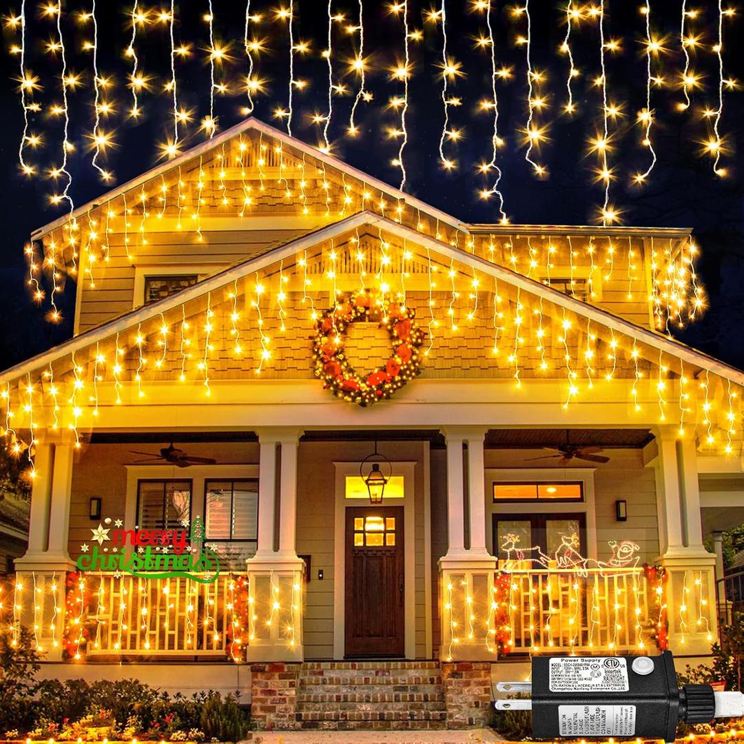 Warm White Christmas Lights Outdoor, 66 Ft 640 LED Icicle Lights for Outside House with Connectable Clear Wire 8 Modes Timer, Plug in Waterproof for Eaves Yard Party Indoor Holiday Decoration