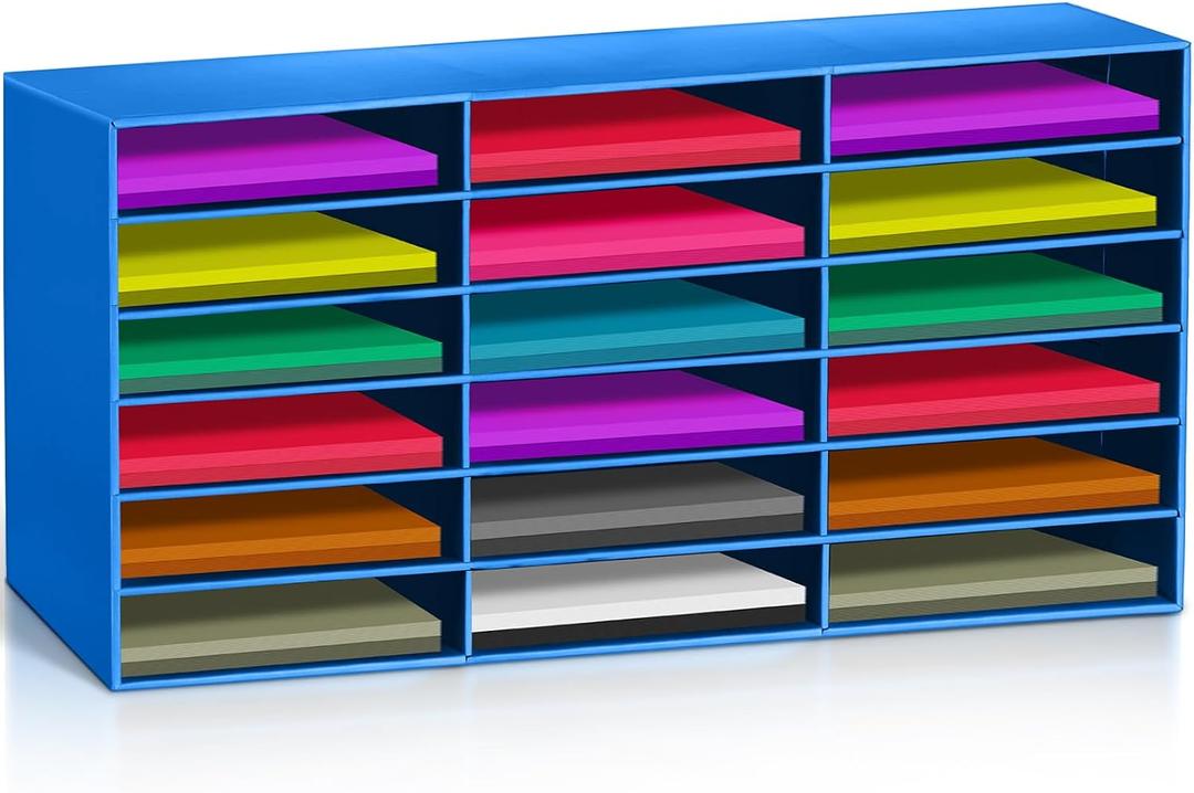 Fuutreo Construction Paper Storage, Teacher Mailbox for Classroom, Back to School Literature Sorter, Sturdy Cardboard Paper Organizer for Home Office(27.6 x 14.2 x 12.4 Inches,Blue)